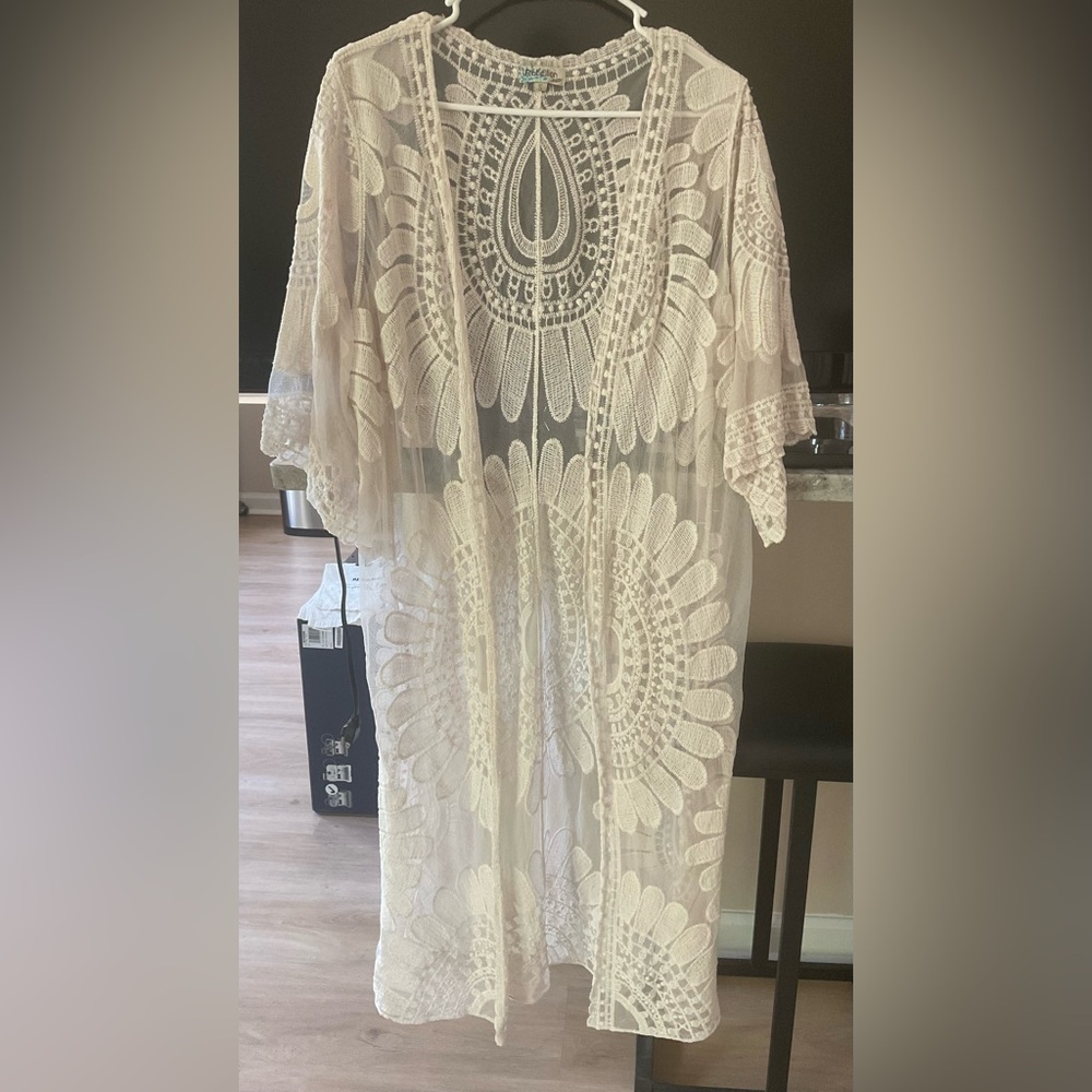Rebellion Mesh Duster Coverup S Cream Embroidered Medallion Open Front Boho